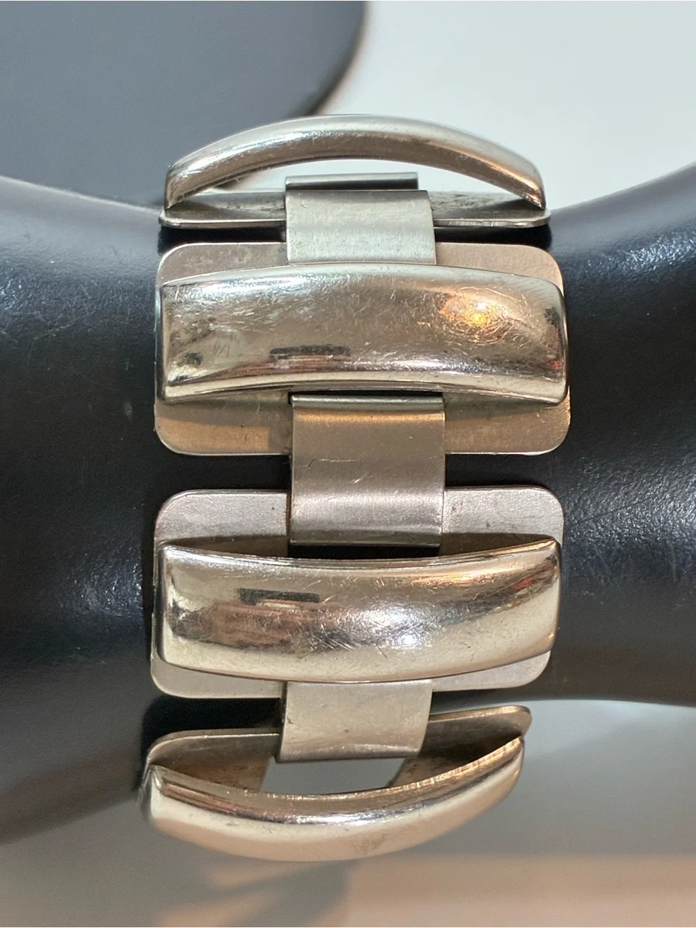 Silver-Tone Wide H-Link Bracelet Domed Rectangular Panels MCM Retro